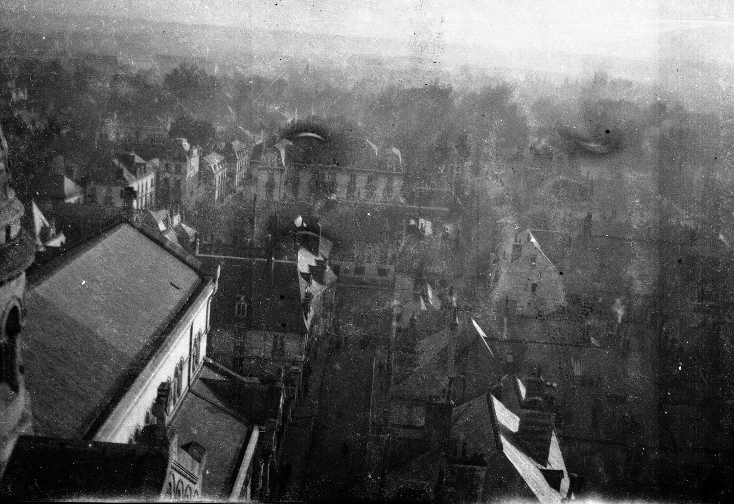 Elevated View of a French Town with Flag-Decorated Rooftops, WWI Era (Scott Field-England Negatives Collection)