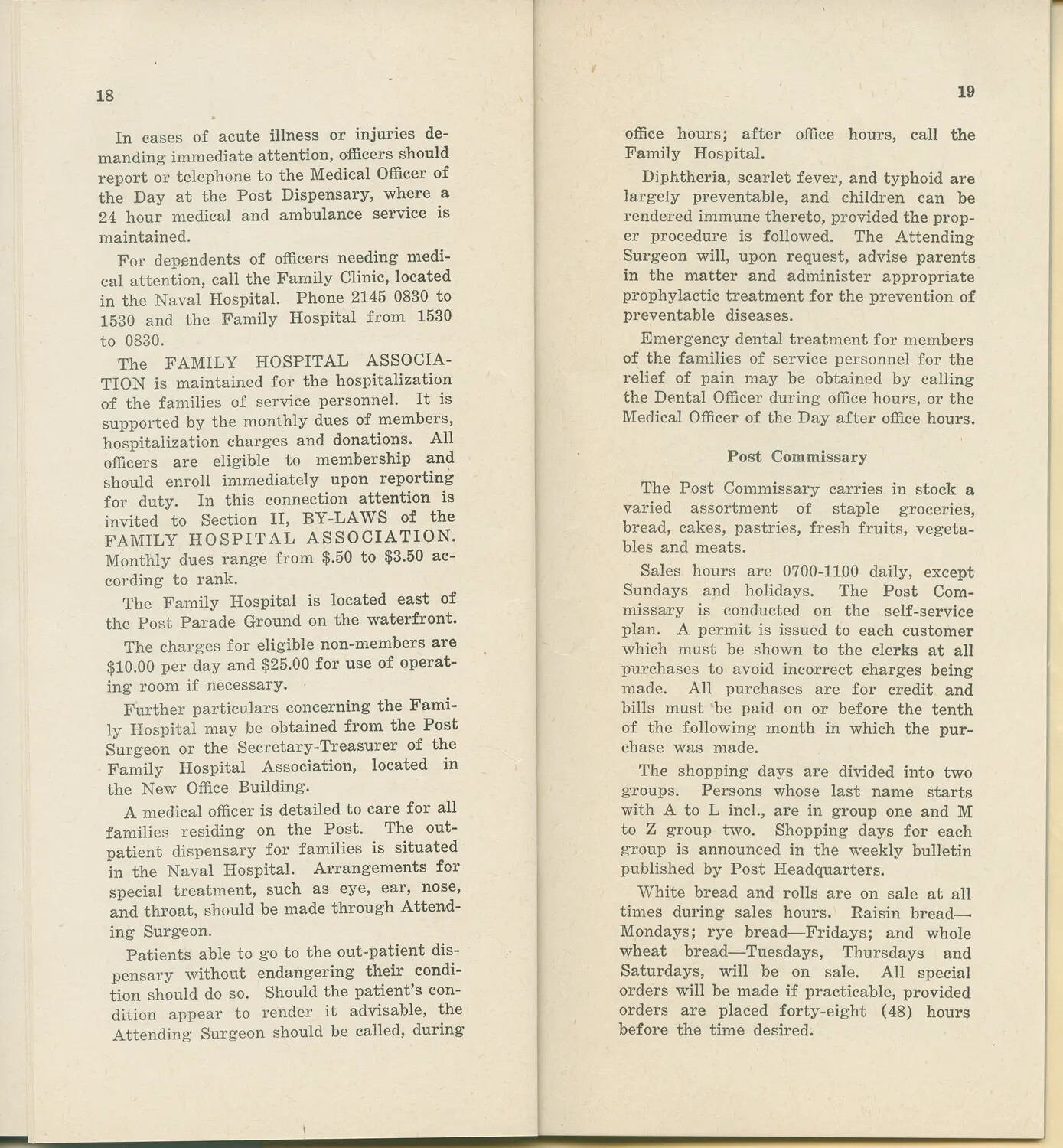Post Information Booklet, Pages 18-19: Medical Services and Commissary Regulations (McAleer Album)