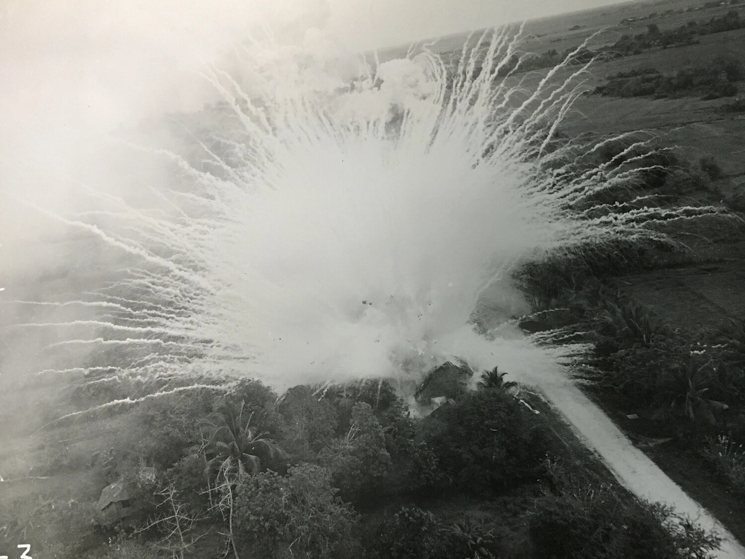 Bomb Detonation Captured Mid-Burst Over a Road Near Tree Line - 312th Bomb Group Strike Mission