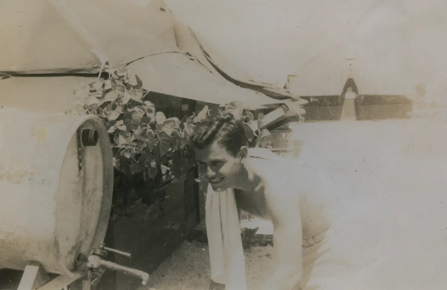 Shirtless Serviceman with Towel at Tent Camp - Edward P. McAleer Album