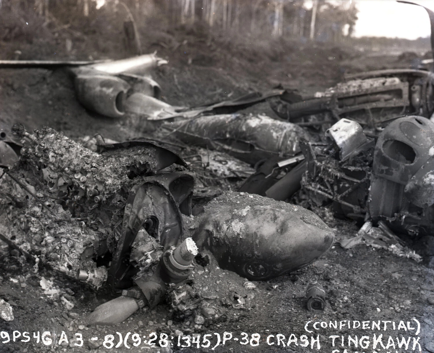 Wreckage of Crashed P-38 Lightning, Tingkawk, Burma, WWII CBI Theater (Confidential Accident Report Photo)