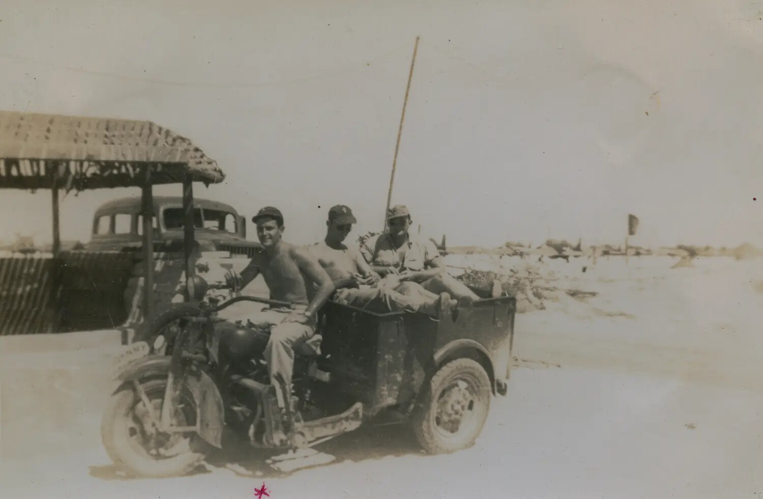 U.S. Marines on Military Motorcycle Utility Trike with Cargo Trailer, Pacific Island Airfield, WWII