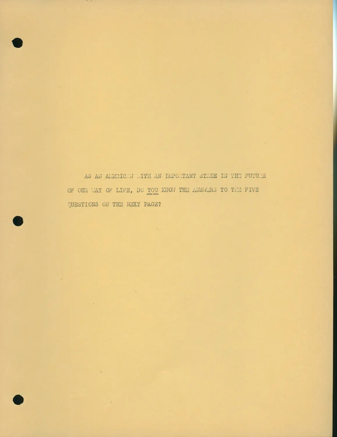 Typewritten Page from Armed Forces Radio and Television Service Document, 'Five Questions' Civic Awareness Script