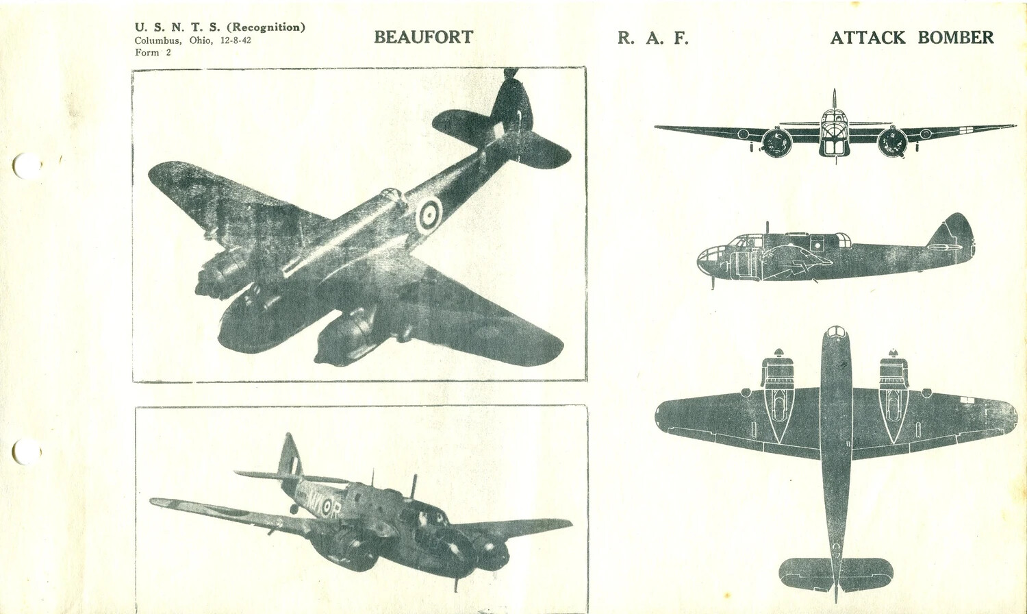 USNTS Aircraft Recognition Training Card: Bristol Beaufort, R.A.F. Attack Bomber (Form 2, 12-8-42)