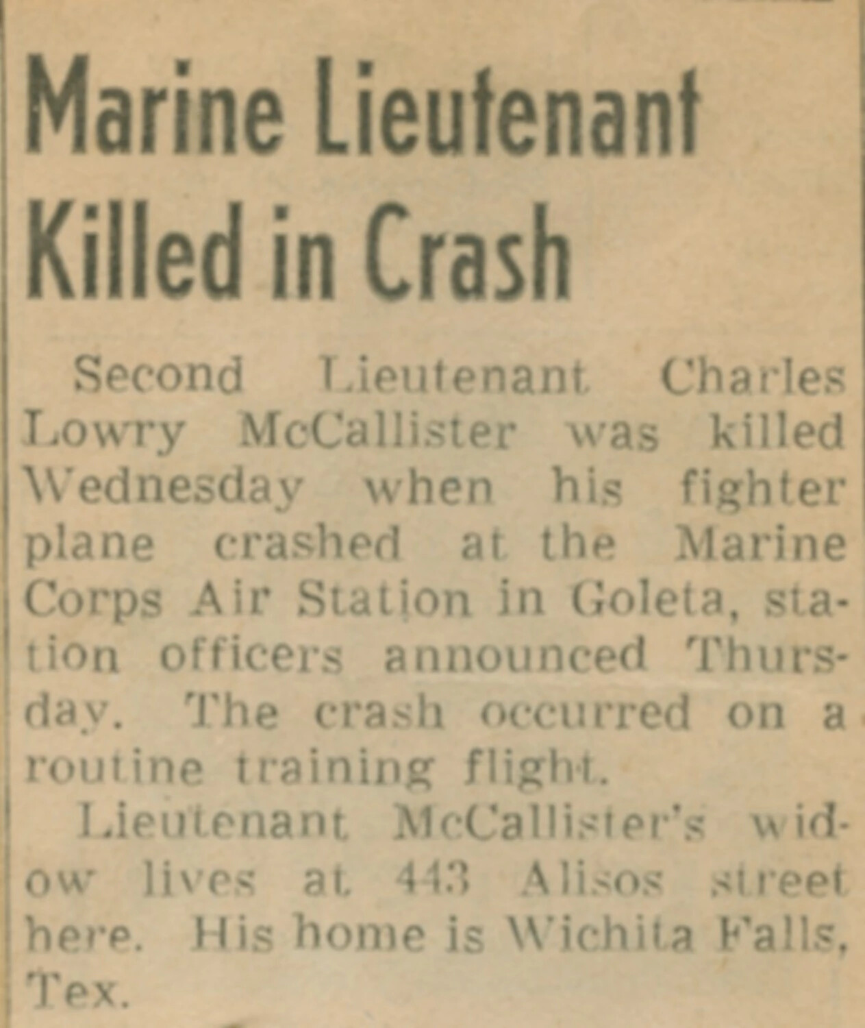 Newspaper Clipping: 'Marine Lieutenant Killed in Crash' – 2nd Lt. Charles Lowry McCallister, MCAS Goleta