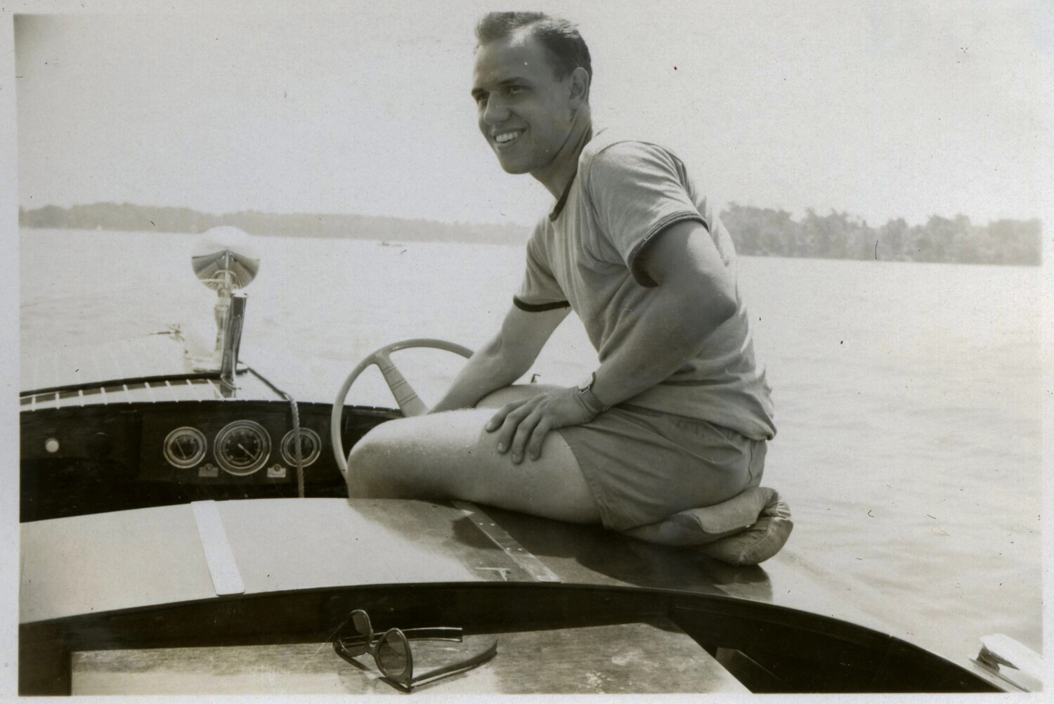 Informal Portrait Aboard a Wooden Runabout Boat, Bancroft Collection