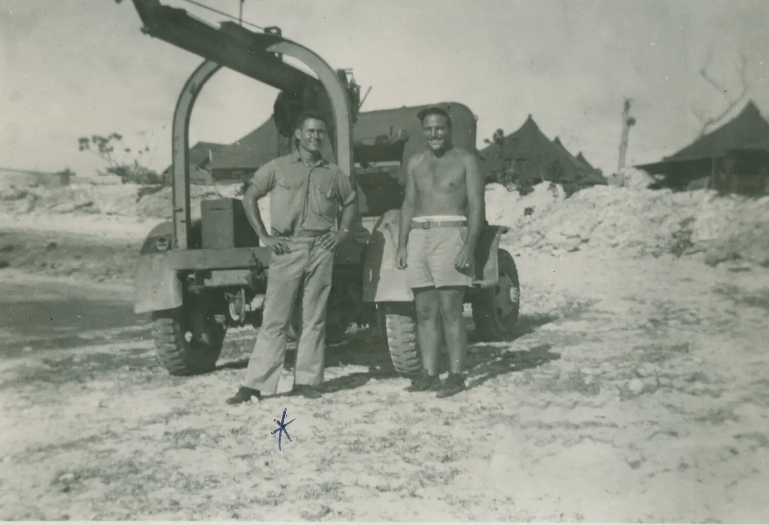 Two Servicemen with Wrecker/Crane Truck at Pacific Island Base Camp