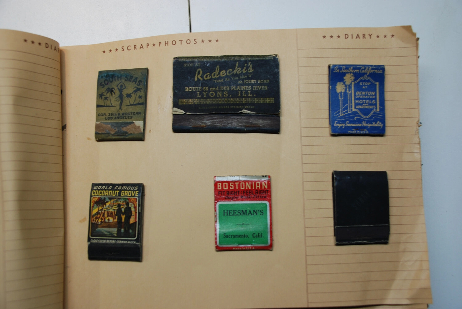 Scrapbook Page with Pasted Matchbook Souvenirs from Los Angeles, Sacramento, and Route 66, 1940s