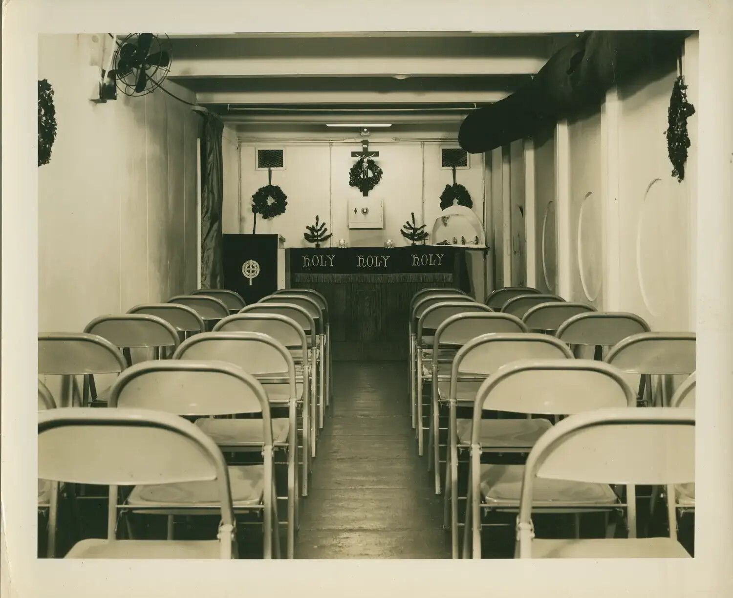 Shipboard Chapel Decorated for Christmas, USS Petrof Bay (CVE-80), WWII Era