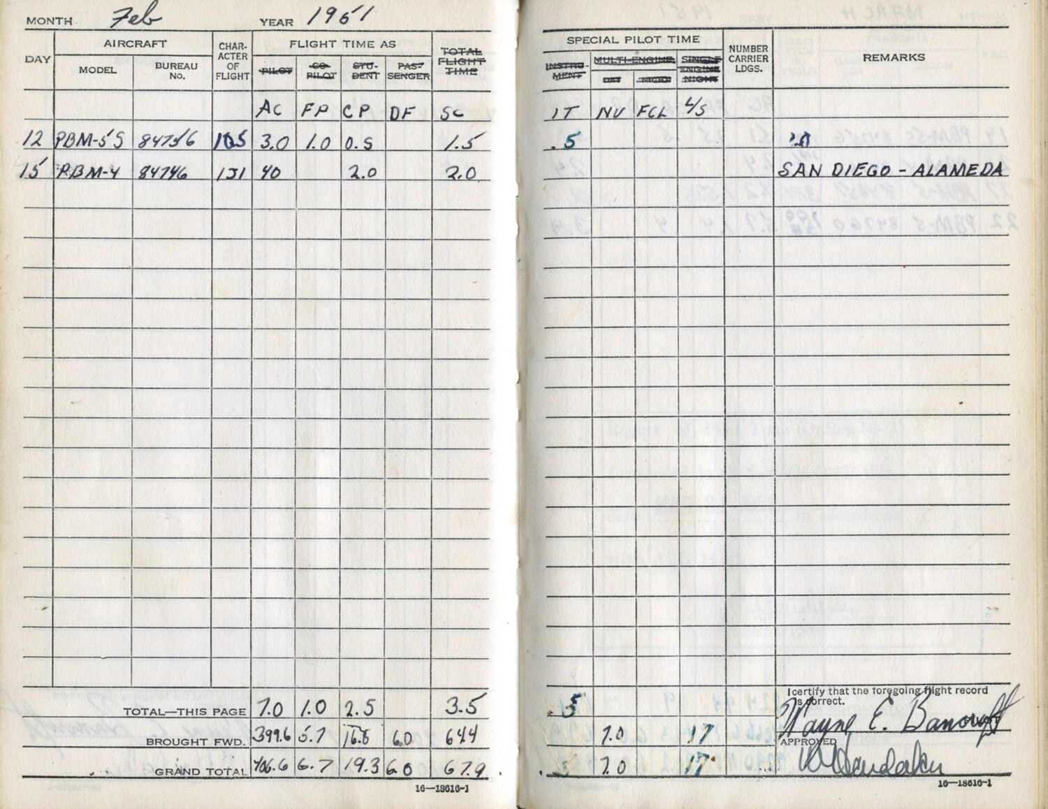 Pilot Flight Logbook Pages, February 1951 - PBM Mariner Flights, Lt. Bancroft
