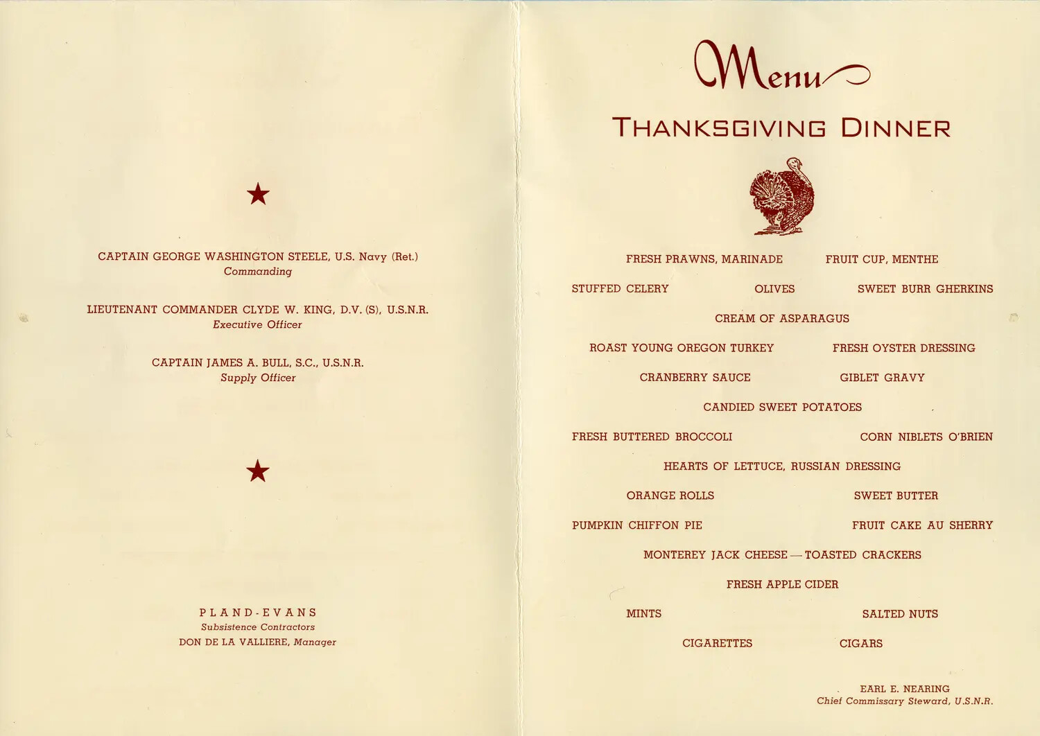 U.S. Navy Thanksgiving Dinner Menu, WWII Era (McAleer Collection)