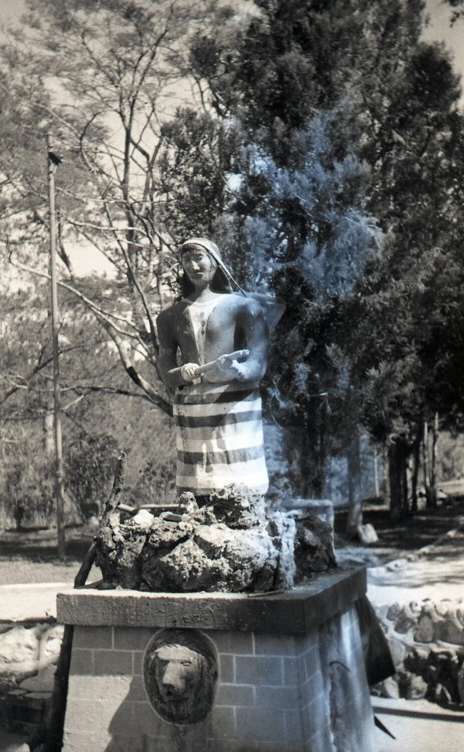 Statue of Indigenous Filipino Figure on Ornamental Pedestal, Luzon, Philippines, WWII Era