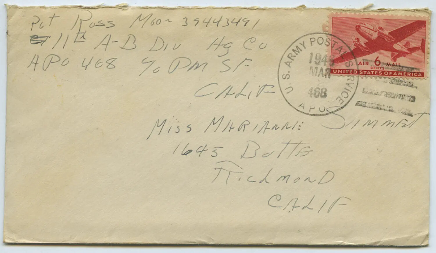 WWII-era Airmail Envelope, Pvt. Ross Moon (11th Airborne Division) to Miss Marianne Simmet, APO 468, March 1946