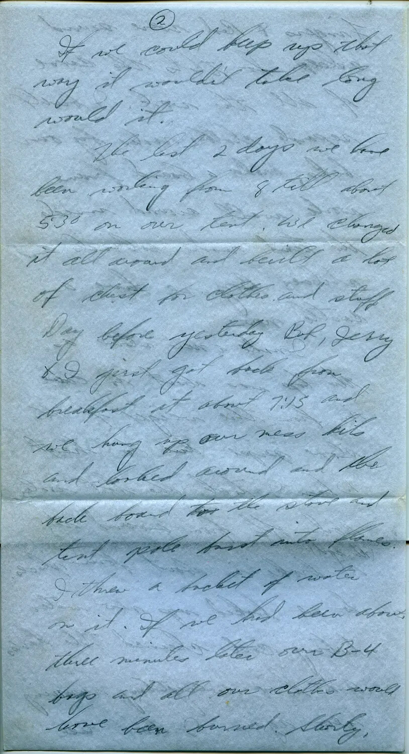 Handwritten Letter, Page 2 - WWII Airman's Correspondence Describing Camp Tent Fire Incident