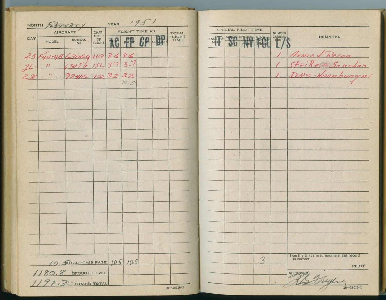 U.S. Navy/Marine Corps Pilot Flight Logbook, February 1951 — F4U-4B Corsair Combat Sorties, Korean War (Armed Recon, Strike–Sonchon, DAS Hanbungni)