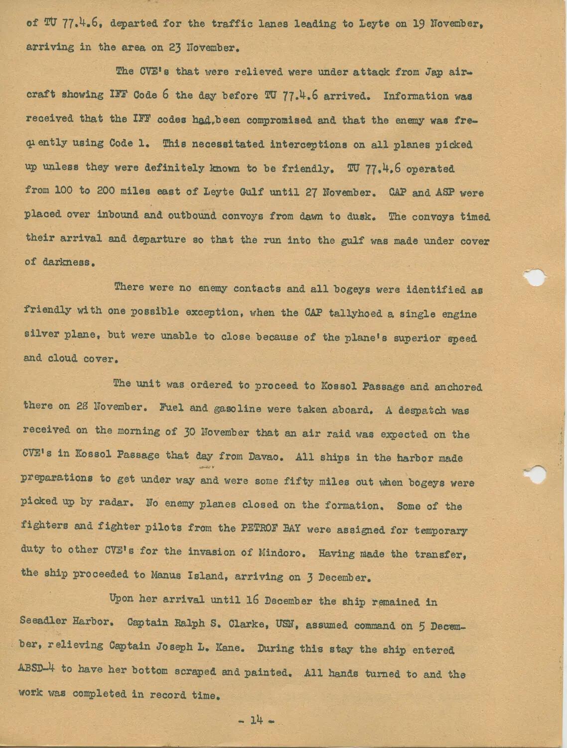 Typed War History/Action Report Page (p. 14) -- USS Petrof Bay (CVE-80), Leyte Gulf and Manus Island Operations, Late 1944