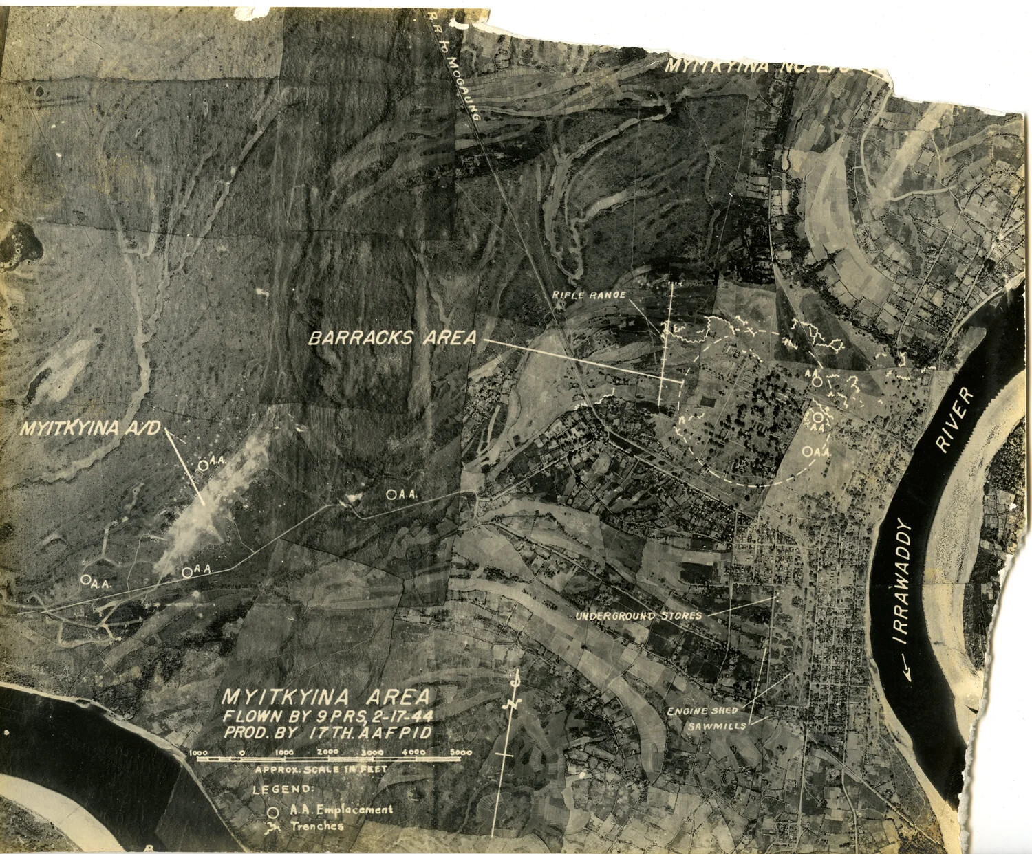 Annotated Aerial Reconnaissance Photograph of Myitkyina, Burma, Flown 2-17-44