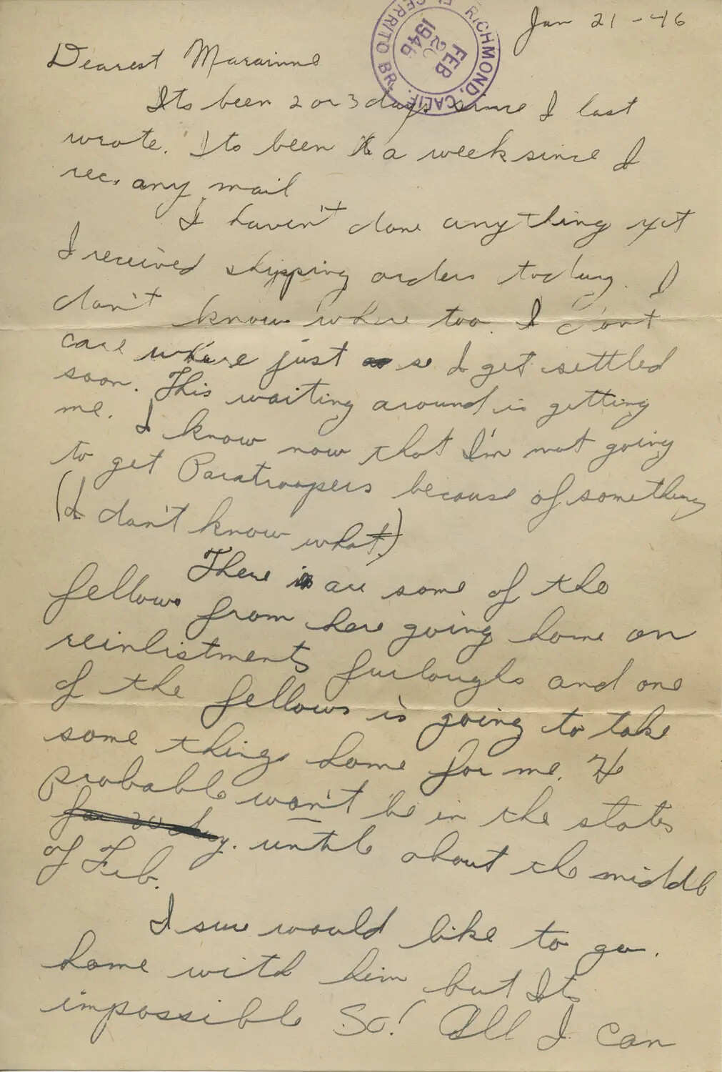 Handwritten Letter to 'Marainne,' Dated January 21, 1946 - Moon Sammiet Collection