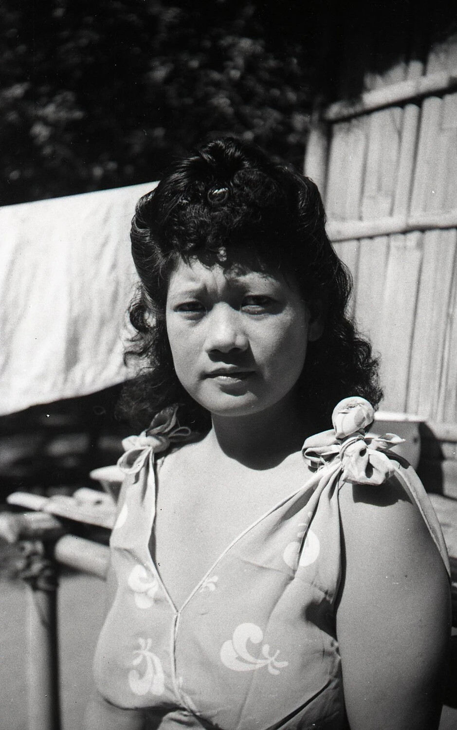 Close Portrait of Young Filipino Woman in Floral Sundress, Luzon, Philippines, WWII Era