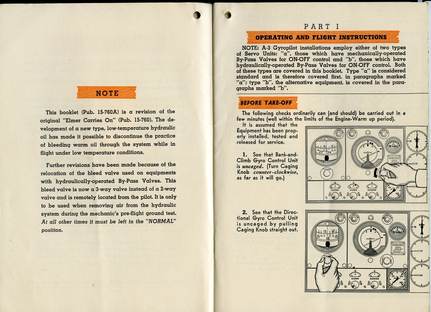 Technical Manual Page: 'Elmer Carries On' A-3 Gyropilot Operating Instructions, Pub. 15-760A