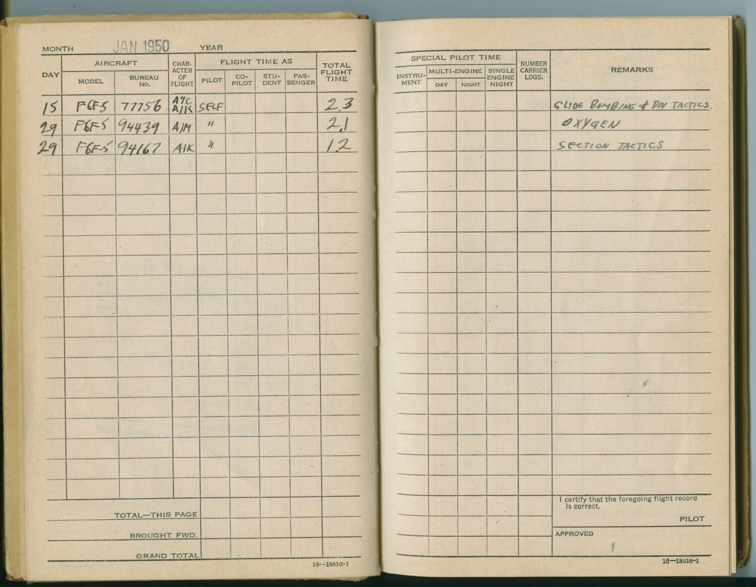 Naval Aviator's Flight Log Book, January 1950 — F6F-5 Hellcat Training Flights
