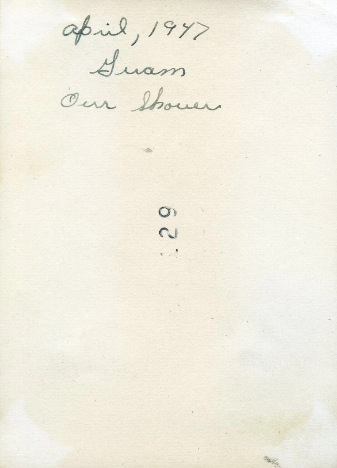 Verso of Snapshot Photograph, Captioned 'April, 1947, Guam, Our Shower' - VR-6 Personal Photo Album, Agana, Guam