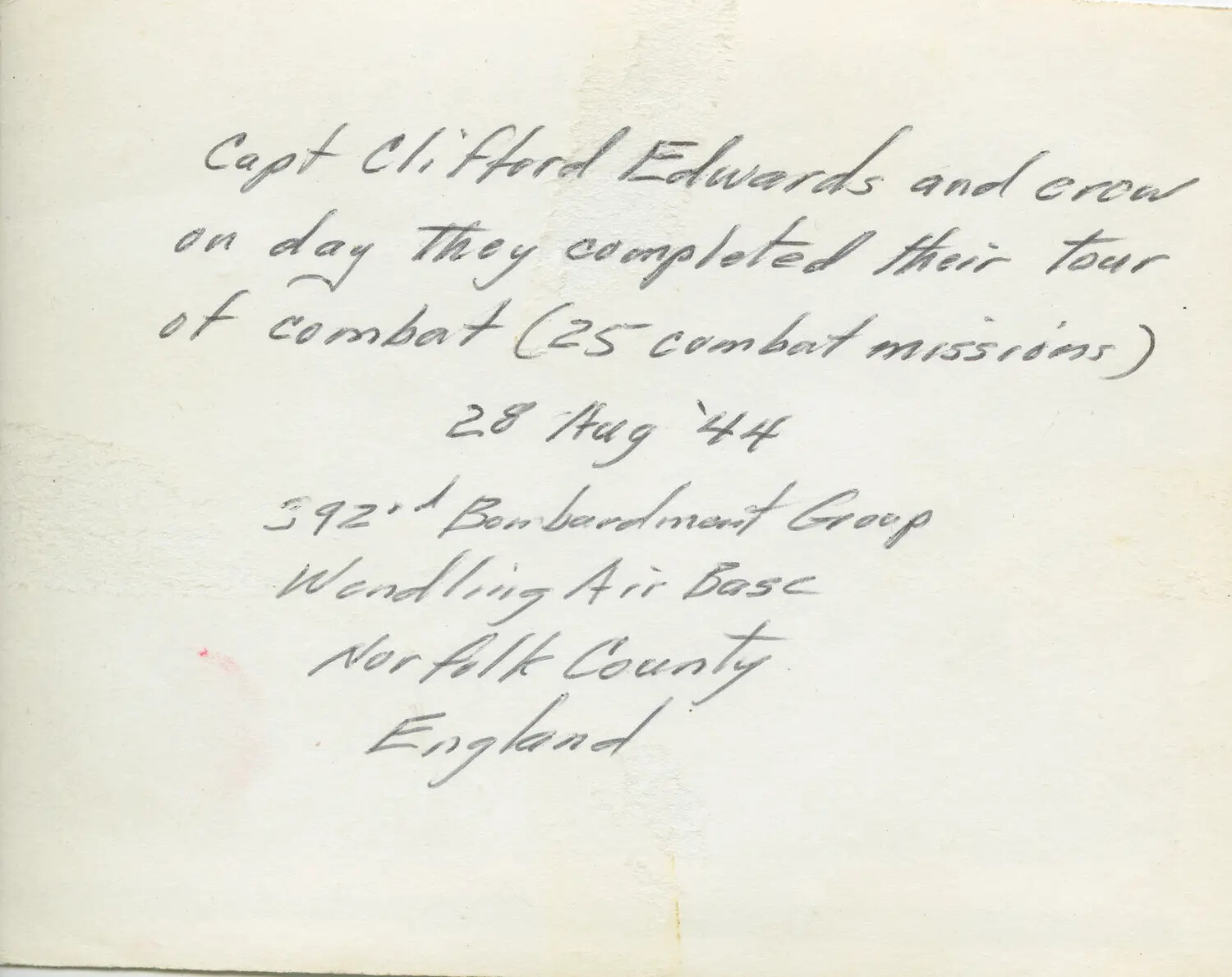 Verso Caption: Capt. Clifford Edwards and Crew, Tour Completion, 392nd Bomb Group, 28 August 1944