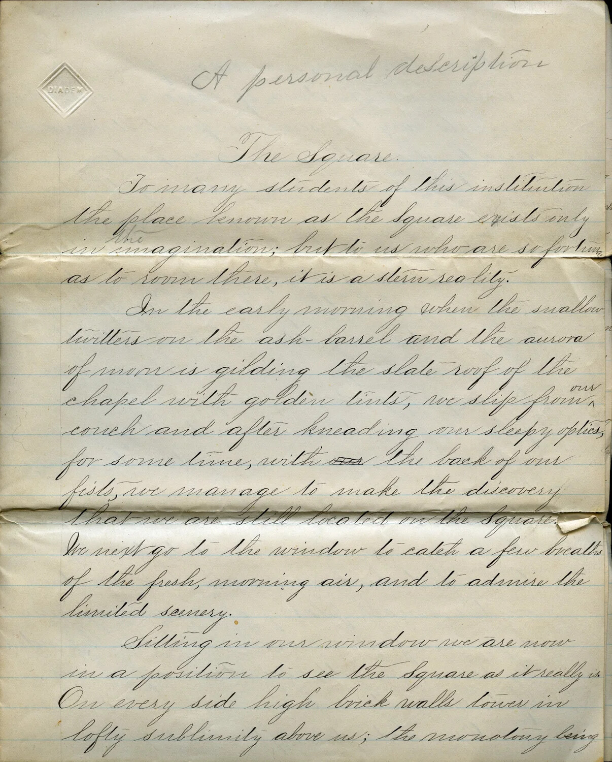 Handwritten Manuscript, "A Personal Description: The Square," April 23, 1882