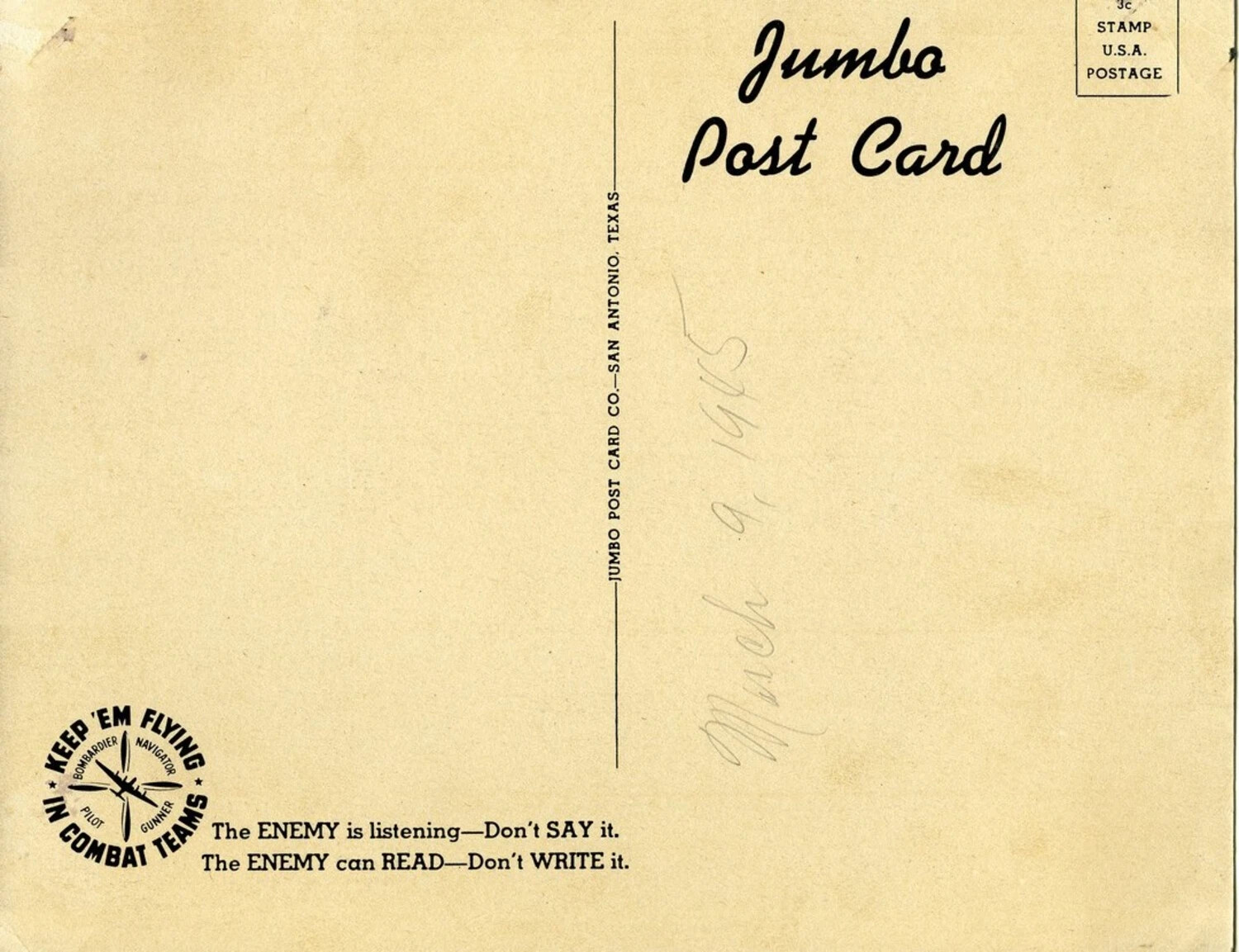 WWII 'Jumbo Post Card' Reverse Side, Jumbo Post Card Co., San Antonio, Texas, 1945
