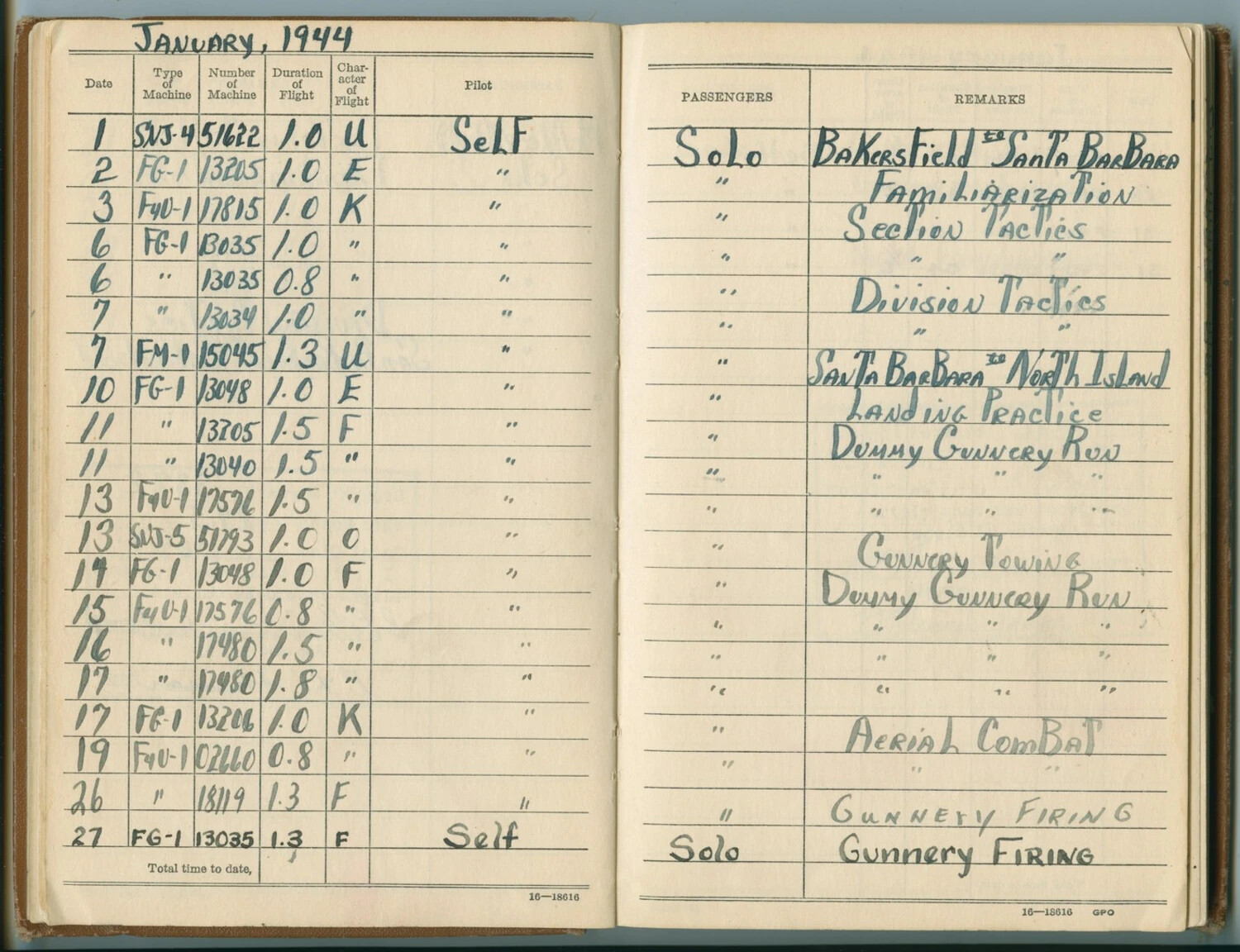 U.S. Navy/Marine Pilot's Flight Logbook, January 1944 - Fighter Combat Training (Pat McAleer Collection)