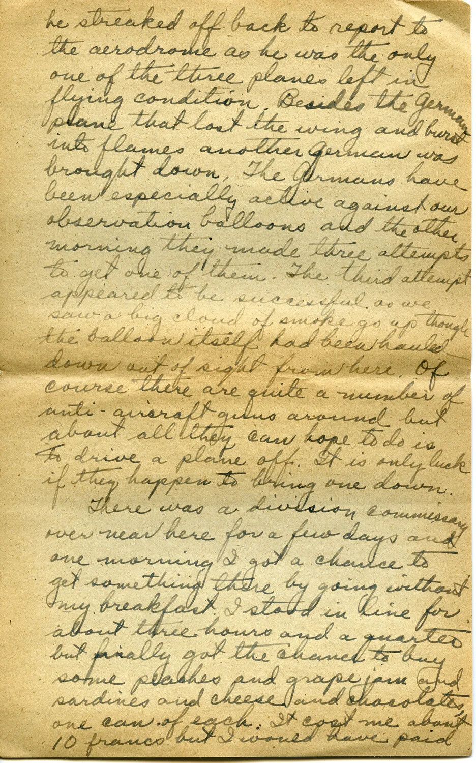 Handwritten WWI Letter, Page Describing Aerial Combat and Division Commissary -- Pvt. Willis W. Wagener Correspondence