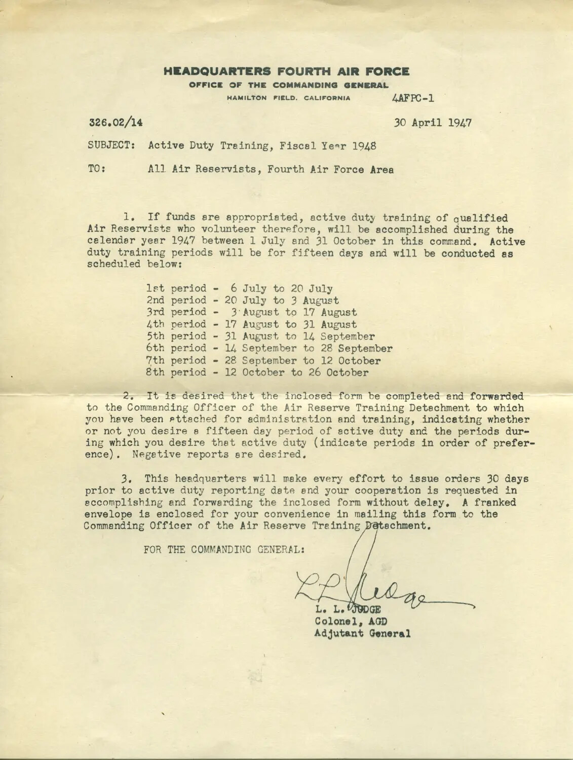 Headquarters Fourth Air Force Memorandum on Active Duty Training for Air Reservists, 30 April 1947