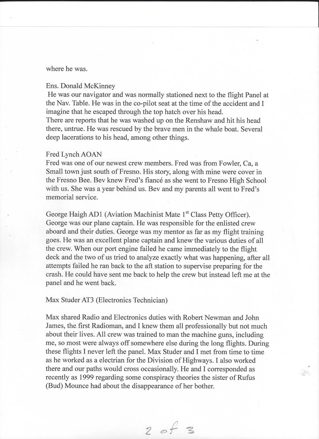 Typed Memoir Page Describing PBM Mariner Crew and Crash Rescue (Page 2 of 3)