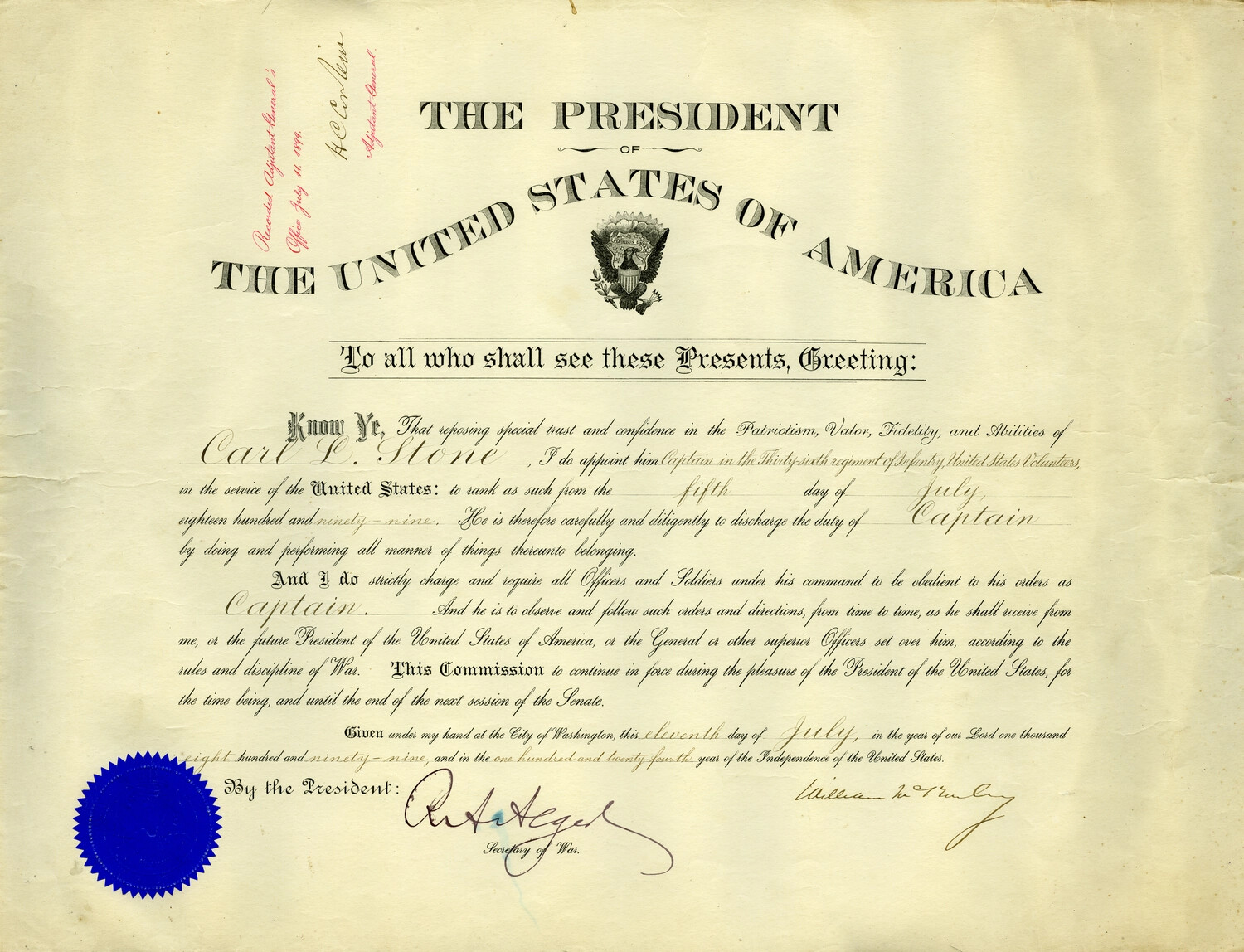 Presidential Officer's Commission of Captain Carl L. Stone, 36th Regiment U.S. Volunteer Infantry, July 1899