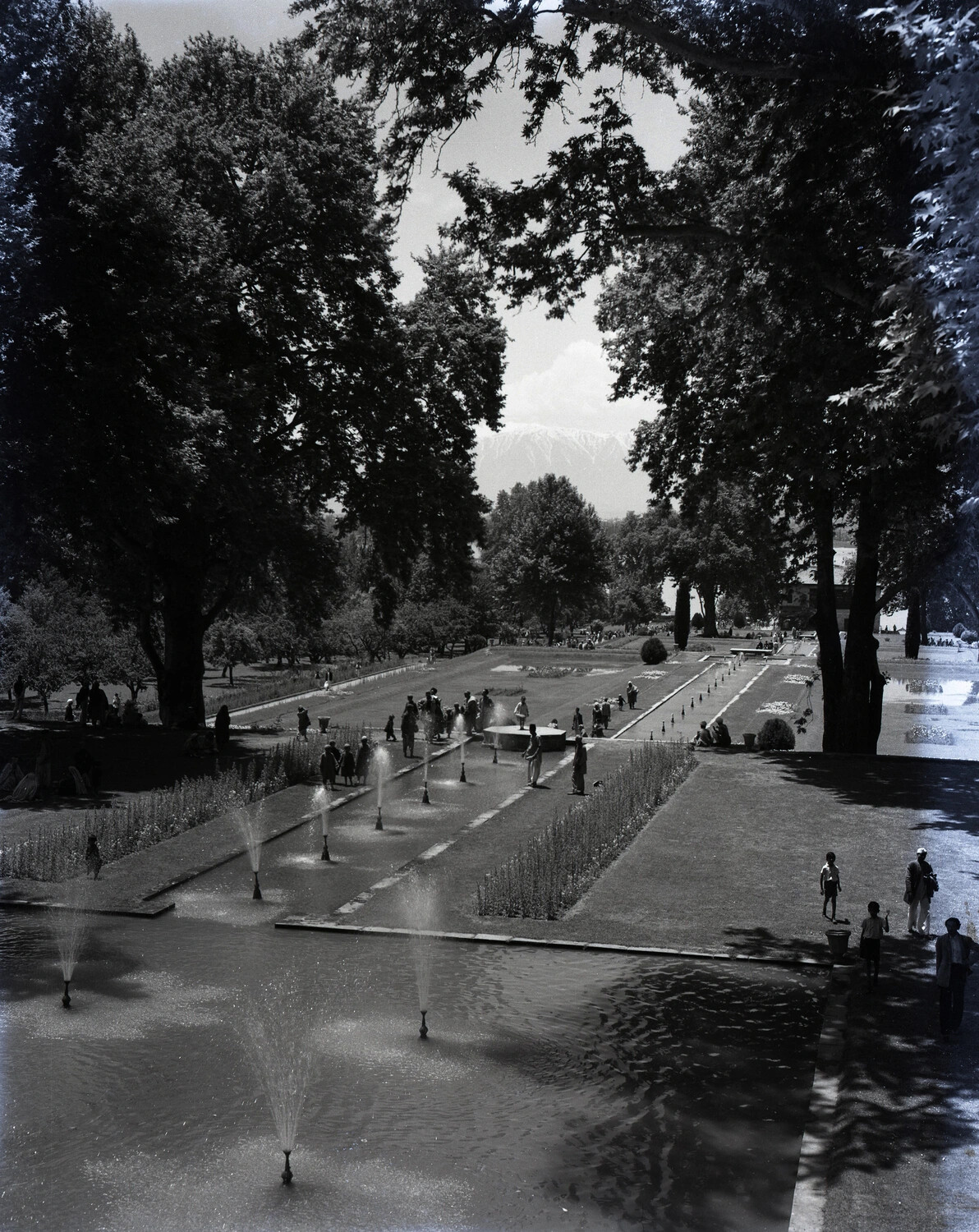 Terraced Mughal Garden with Fountains and Visitors, Kashmir, India, c. 1944-45
