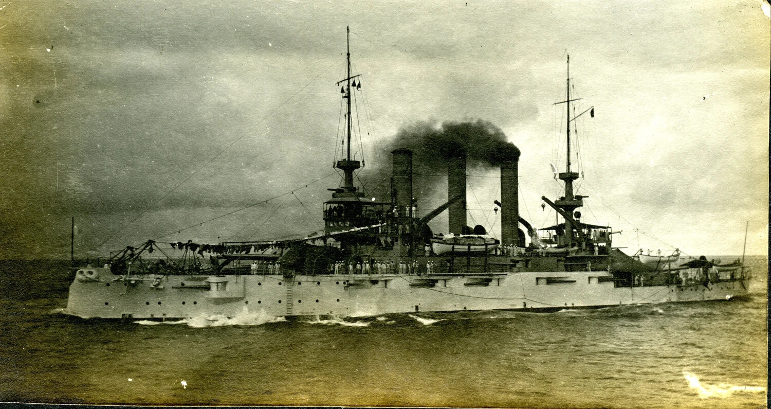 USS Columbia (C-12), Protected Cruiser, Underway with Crew Manning the Rail