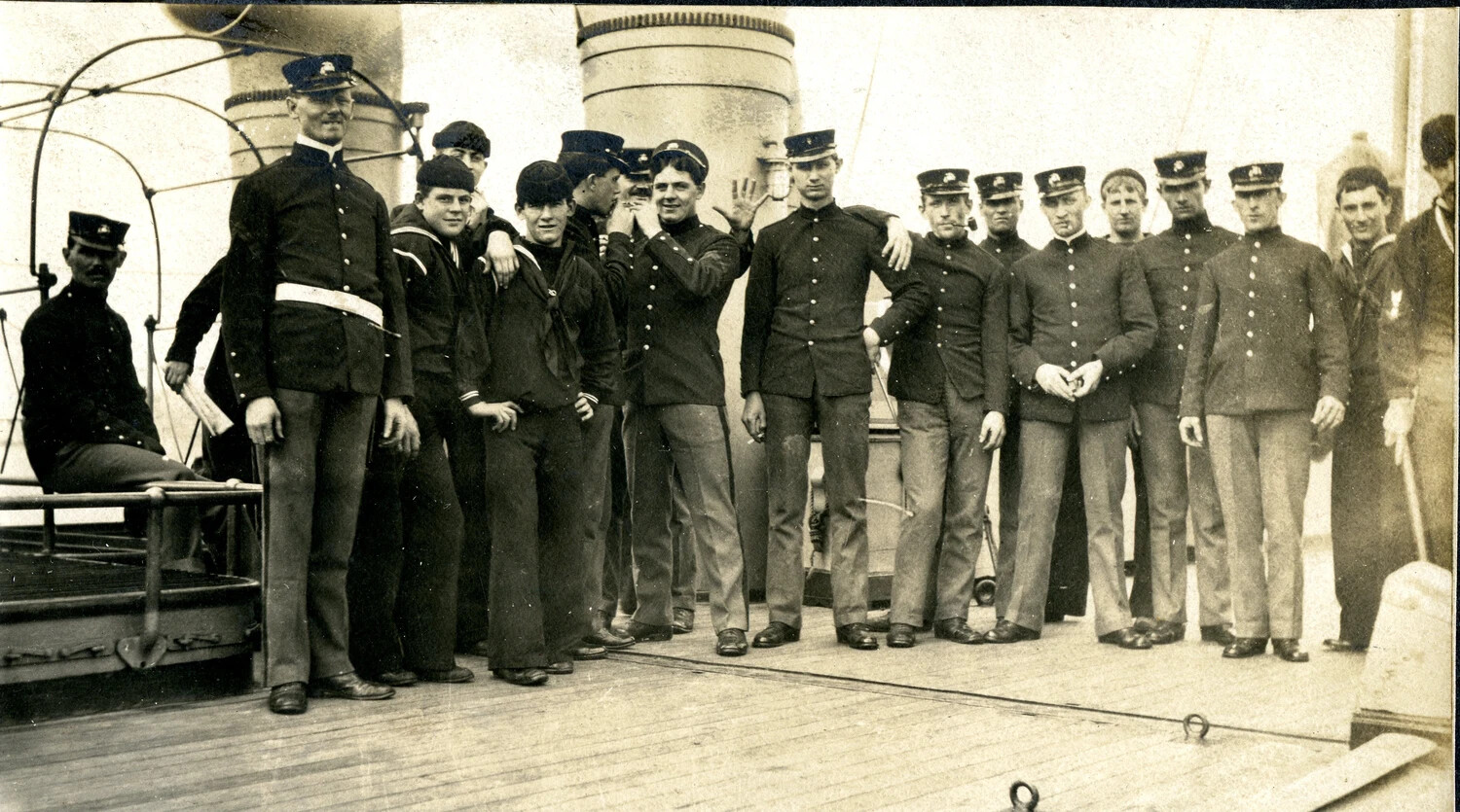 'The Smoking Lamp is Lighted' - Informal Crew Group Portrait, USS Columbia Album, c. 1898-1910s