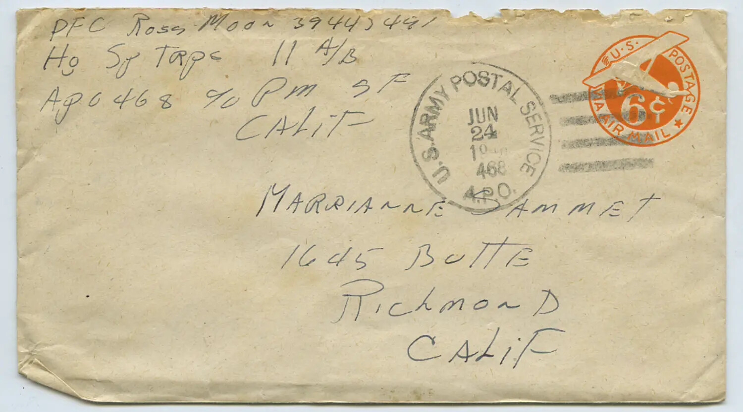 WWII Airmail Cover - PFC Ross Moon, 11th Airborne Division, to Marrianne Sammet
