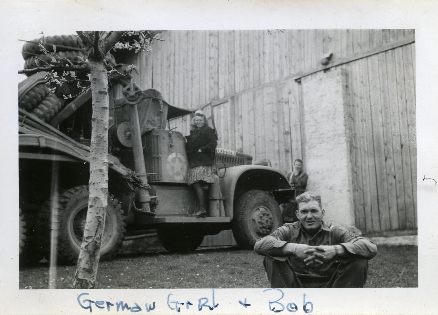 American Soldier "Bob" and German Civilian Woman with U.S. Army Wrecker Truck, Occupied Germany, WWII