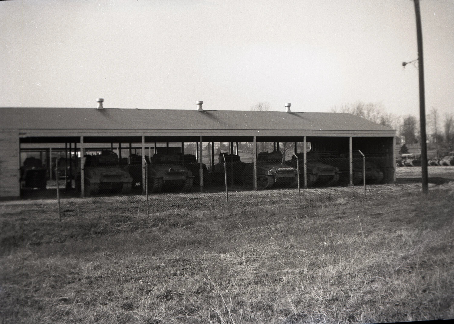 Motor Pool Storage Shed with Row of Armored Vehicles, Fort Knox