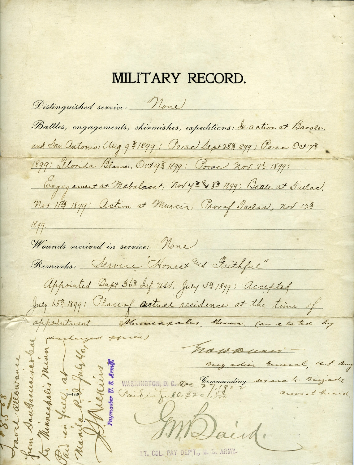 Reverse of 1899 U.S. Army Military Record — Philippine-American War Service, 36th U.S. Volunteer Infantry