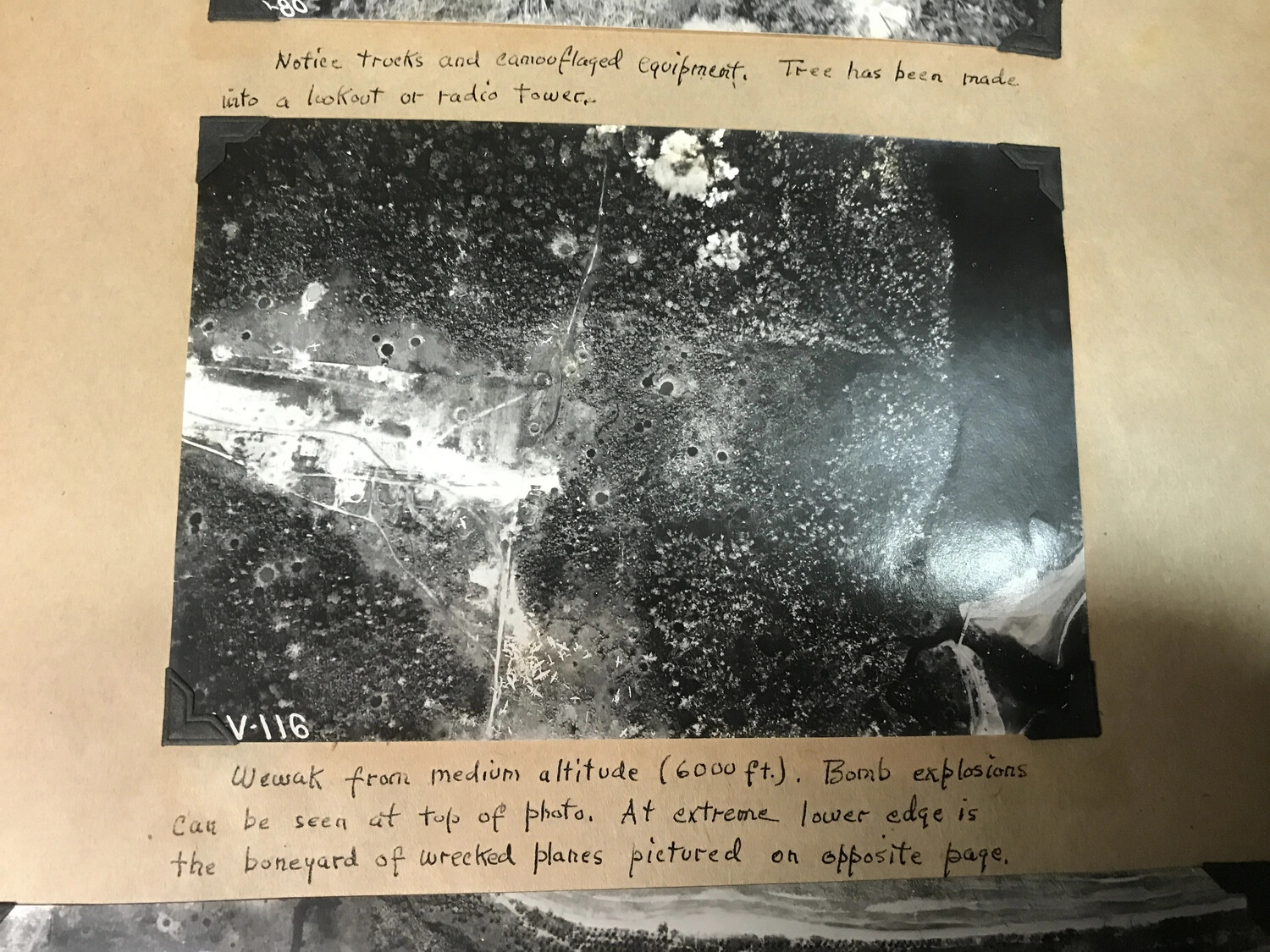 Aerial Reconnaissance Photograph of Wewak, New Guinea, Showing Bomb Craters and Camouflaged Installations, 312th Bombardment Group Album, WWII