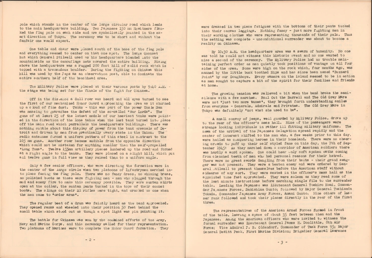 Typewritten Narrative, Pages 2-3: Account of the Japanese Surrender Ceremony on Okinawa, 7 September 1945