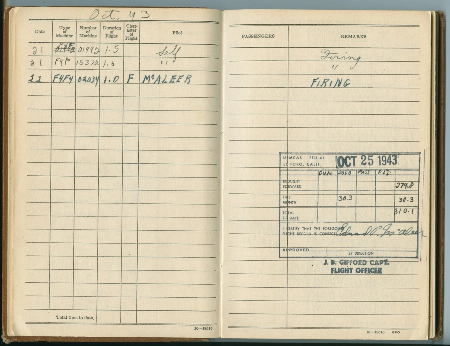 Flight Logbook Page, 1st Lt./Capt. Edward P. McAleer, USMCAS FTU-41 El Toro, October 1943