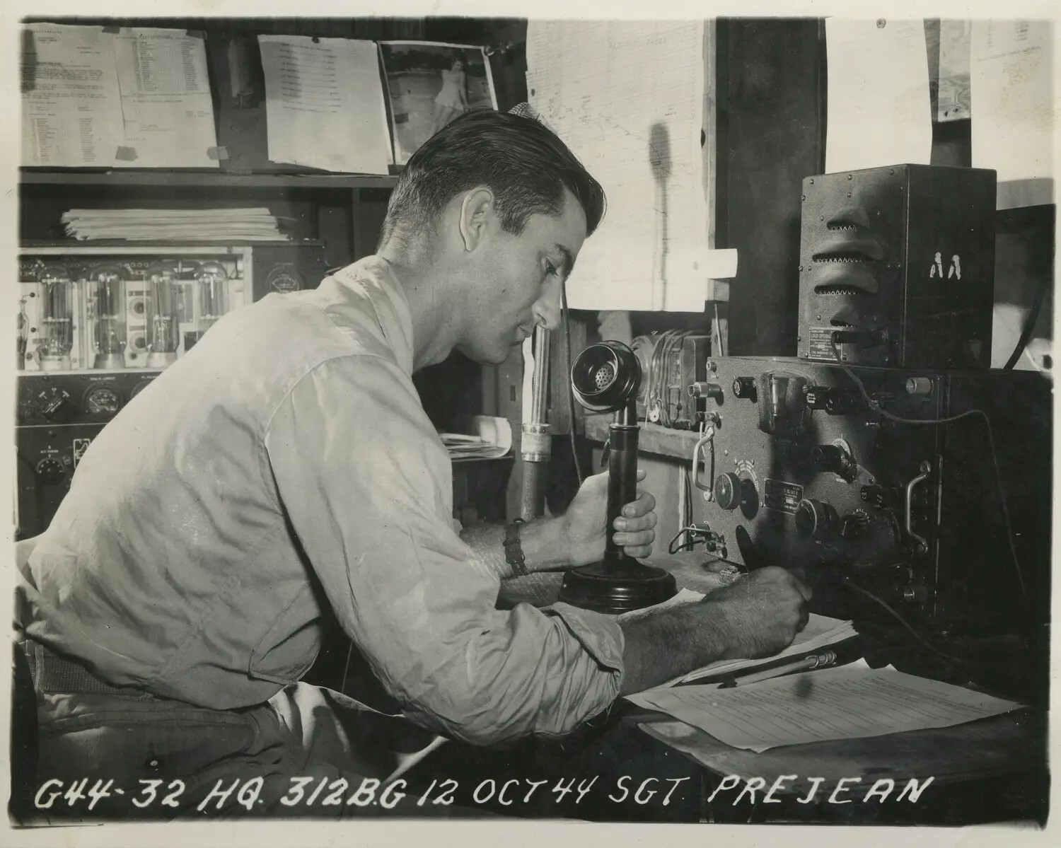Sgt. Prejean at Radio Station, 312th Bomb Group HQ, 12 October 1944