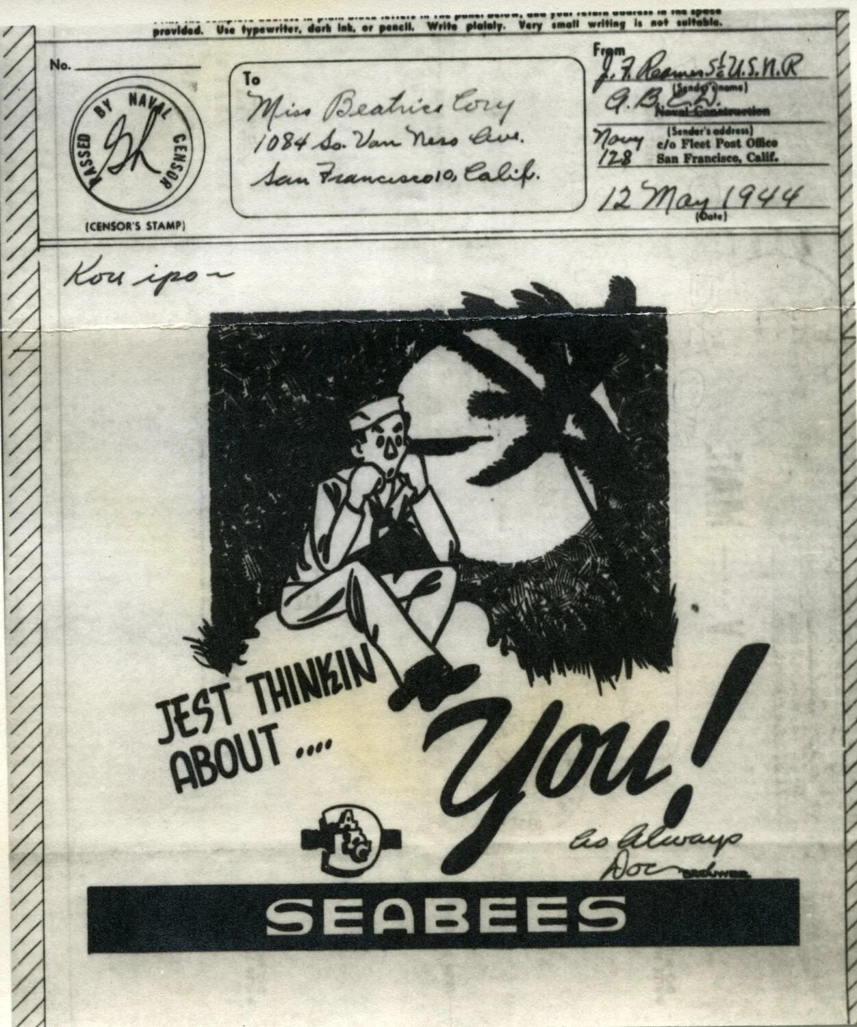 World War II V-Mail Letter with Illustrated Seabees 'Jest Thinkin' About You' Cartoon, 12 May 1944