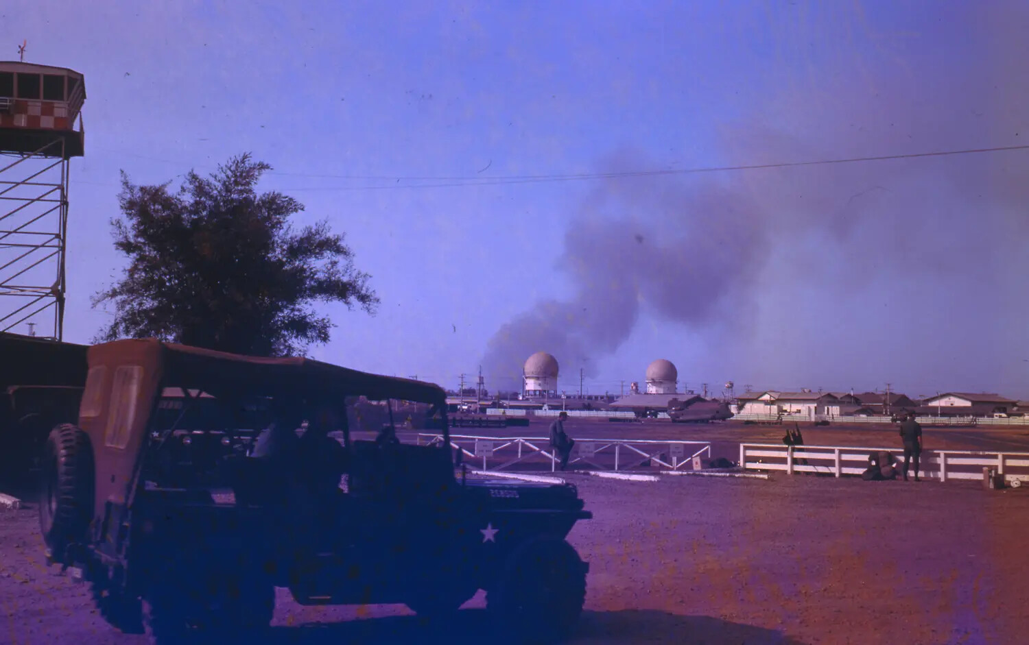 U.S. Air Base with Radar Domes and Rising Smoke During the 1968 Tet Offensive, South Vietnam
