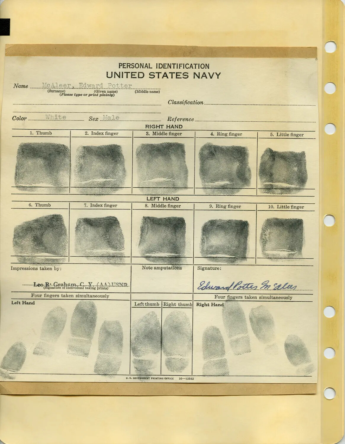U.S. Navy Personal Identification Fingerprint Card — Edward Potter McAleer