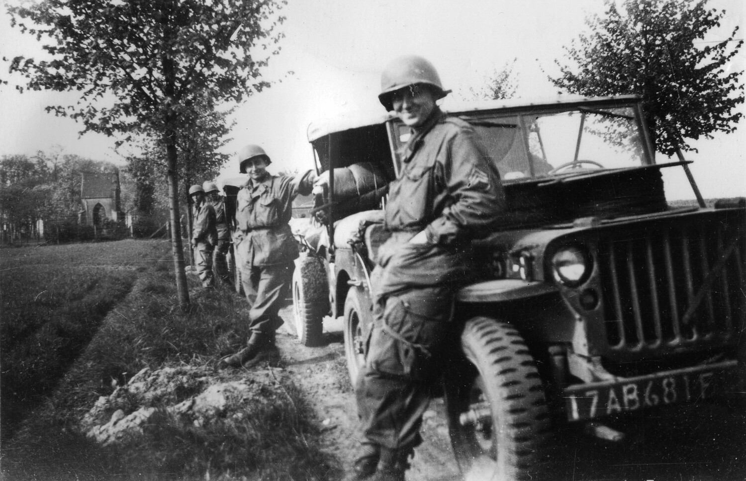 American Soldiers with Jeep Along Country Lane, Rural France