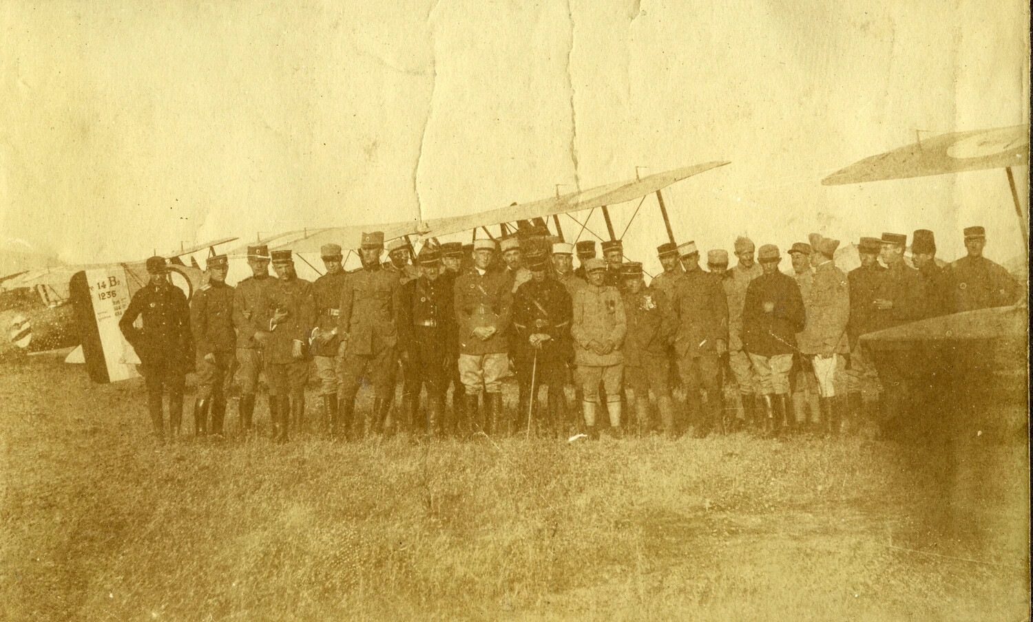 French Aviation Squadron Group Portrait with Biplane Bomber '14 B2 No. 1236,' WWI French Pilot Album